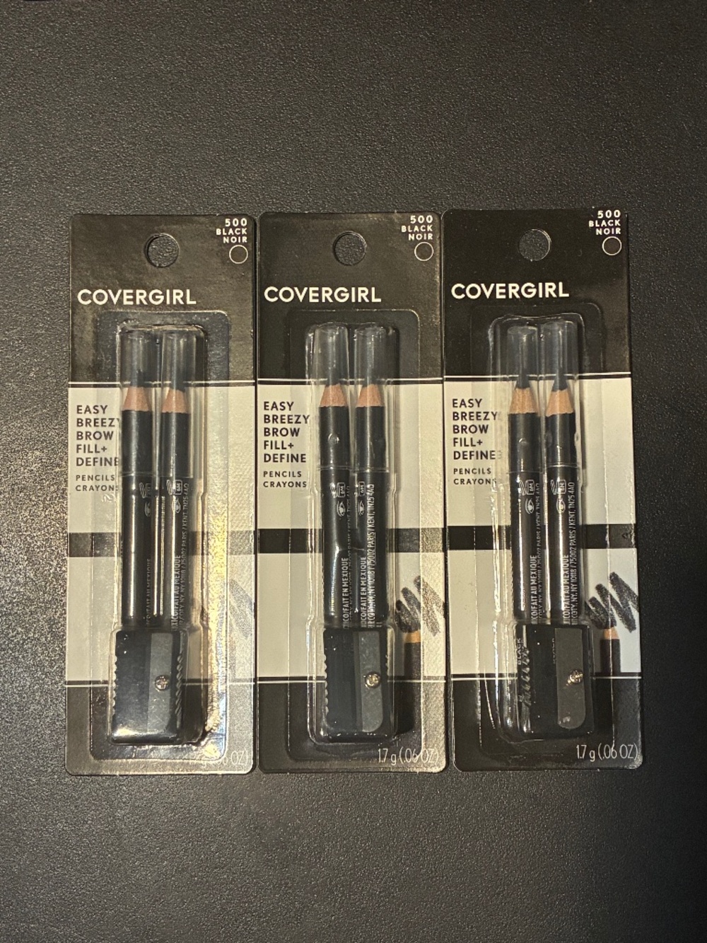 CoverGirl Easy Breezy Brow Fill + Define Pencils + Sharpener #500 Black Noir 3pk